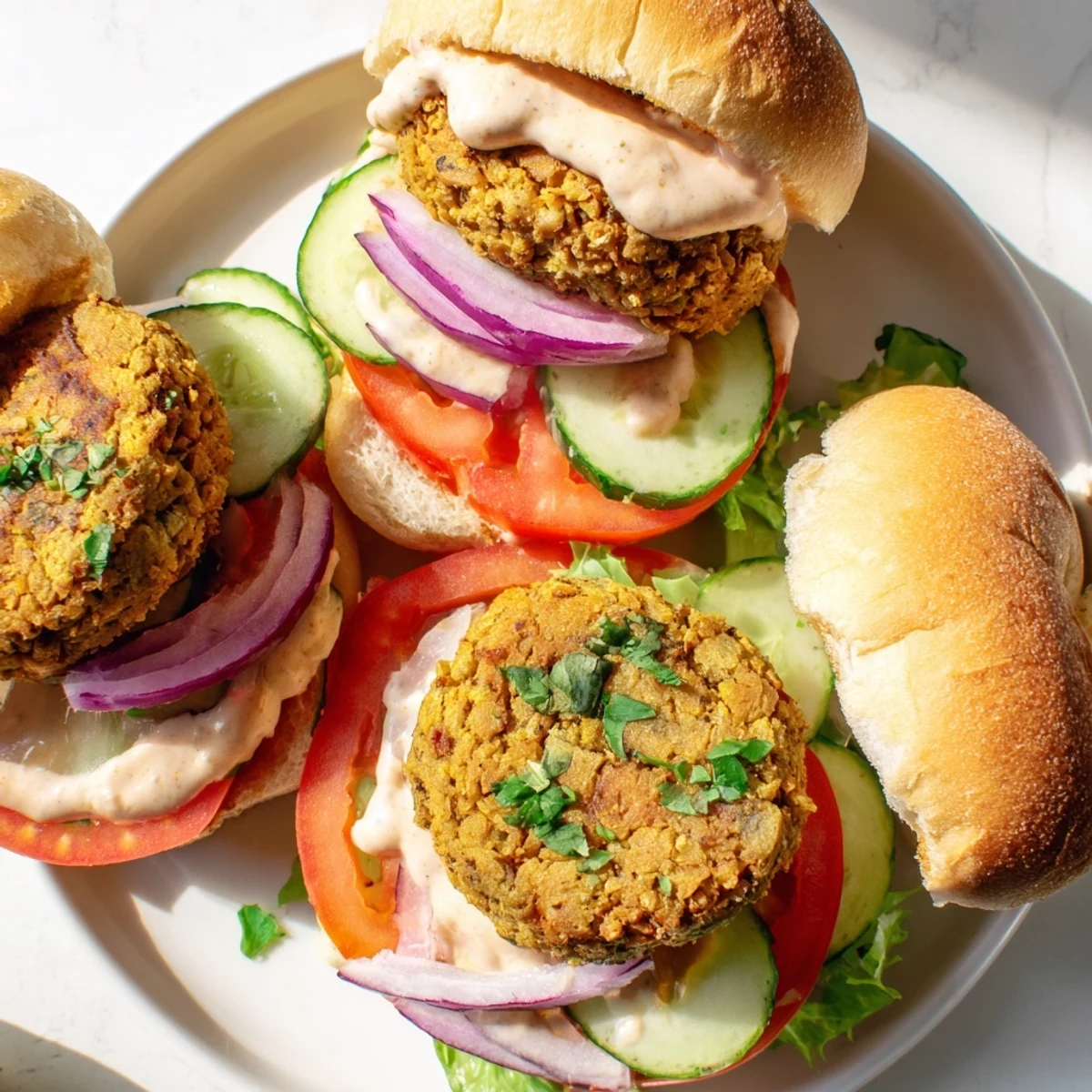 Golden baked falafel sliders, filled with fresh veggies and tahini, ready to be enjoyed.
