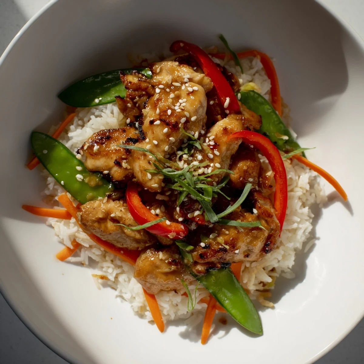 A close-up of a Sesame Ginger Rice Bowl, showcasing tender chicken over fluffy rice with garnishes.