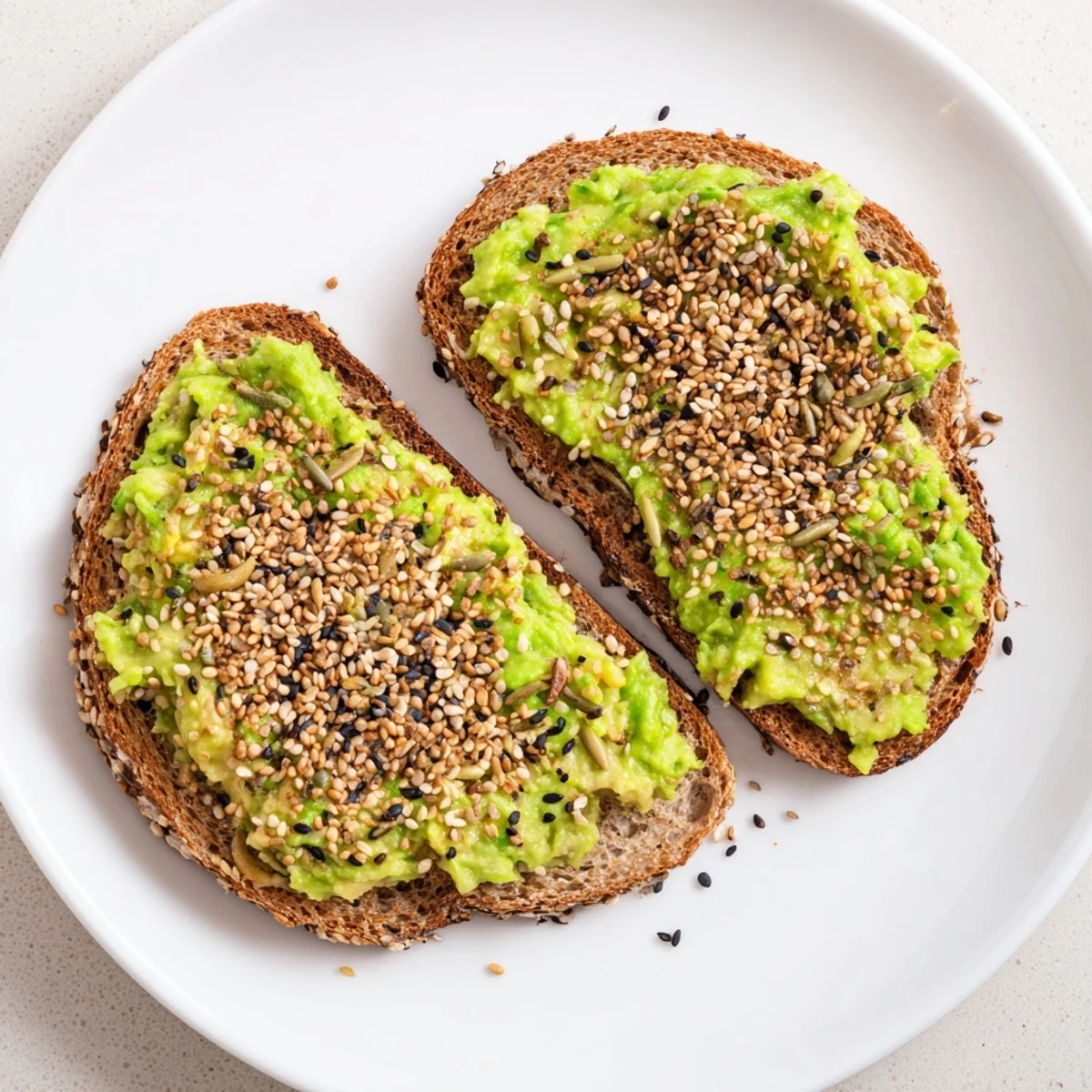 Toasted bread loaded with mashed avocado and everything seasoning; a quick avocado toast recipe.
