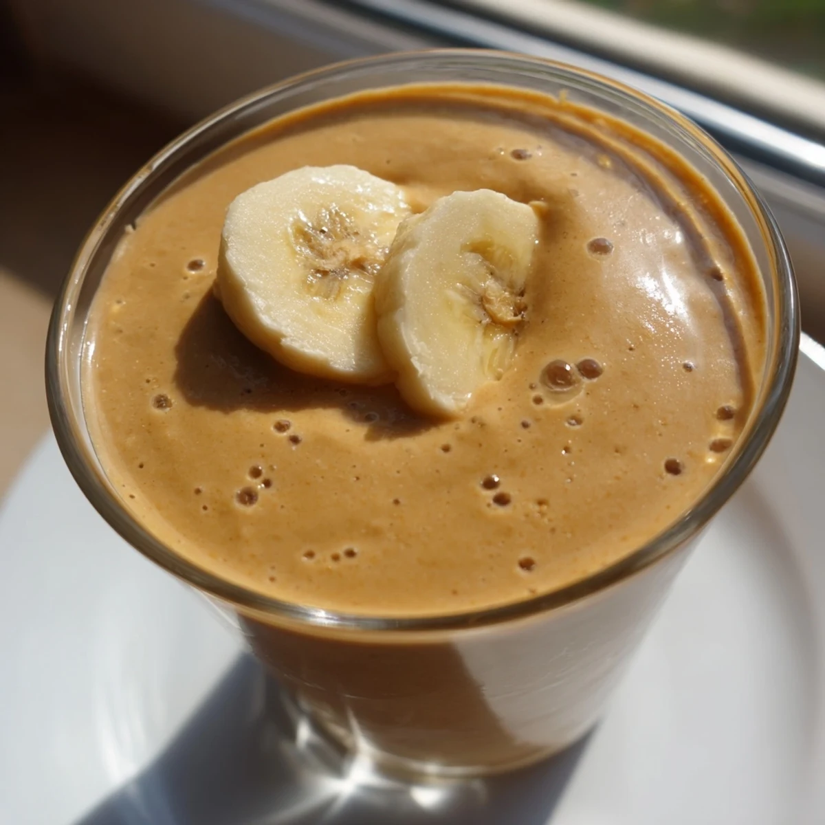 A refreshing Peanut Butter Banana Smoothie with a swirl of peanut butter, perfect for a quick breakfast.