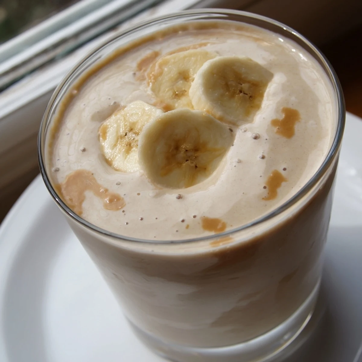 Creamy, blended Peanut Butter Banana Smoothie: a thick, golden beverage served in a tall glass, ready to drink.