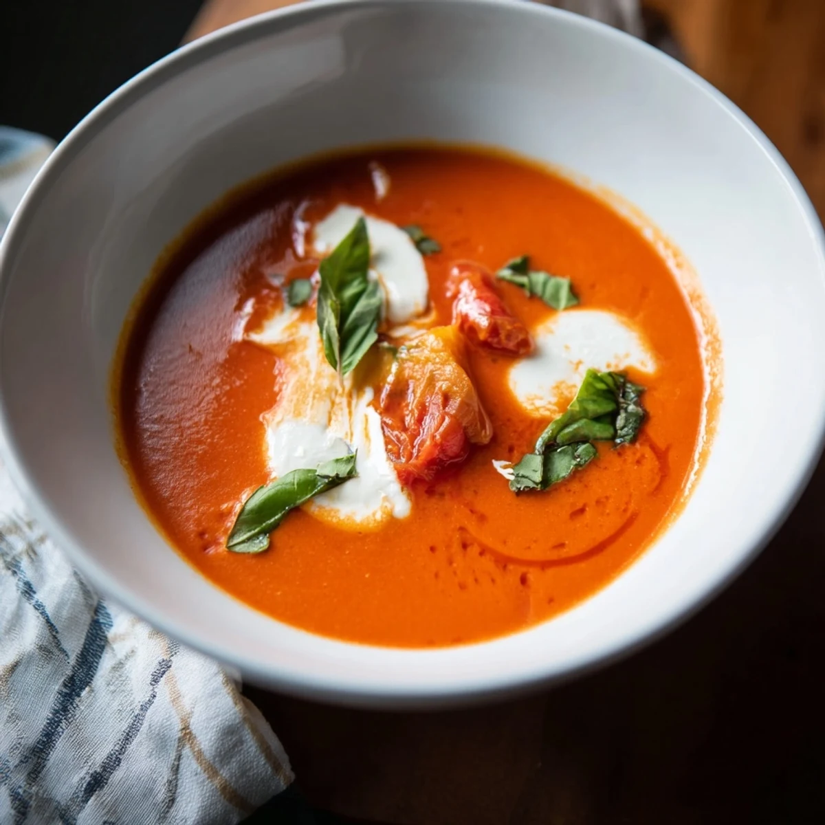 Bright red creamy tomato mozzarella soup, served in a bowl, a classic Italian comfort food option.