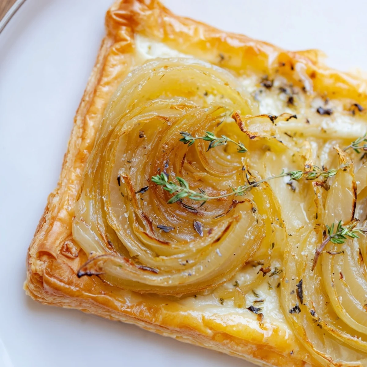 Perfectly baked, the savory Caramelized Onion Tart displays a golden crust and bubbly cheese.