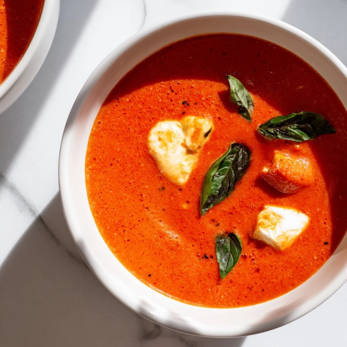 Warm and comforting creamy tomato mozzarella soup, perfect for cold days with melted cheese.