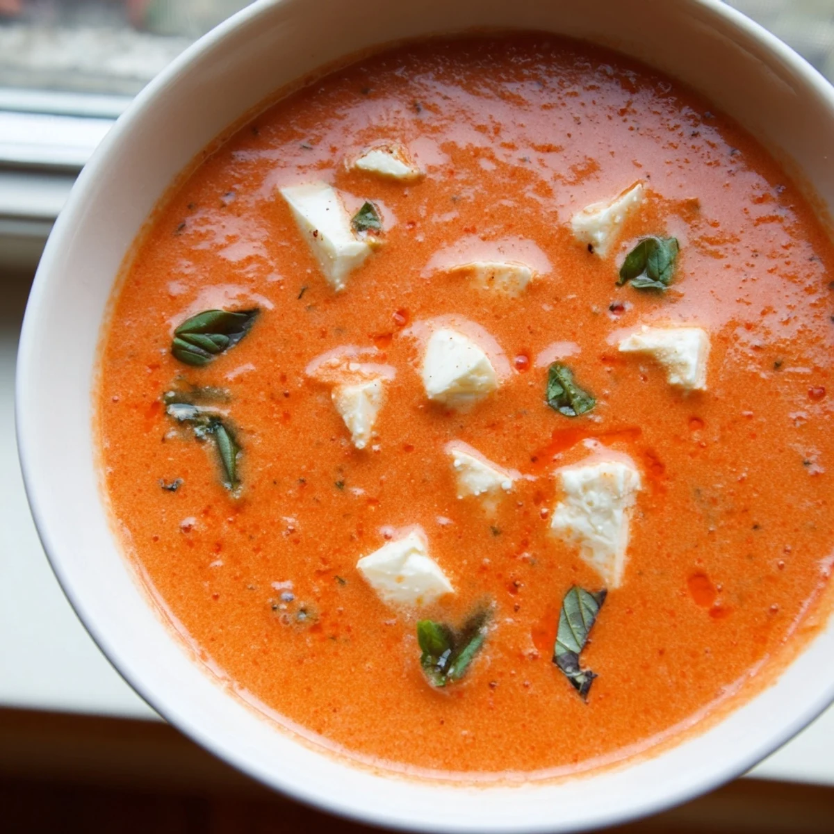 Steaming bowl of creamy tomato mozzarella soup, garnished with fresh basil for a tasty meal.