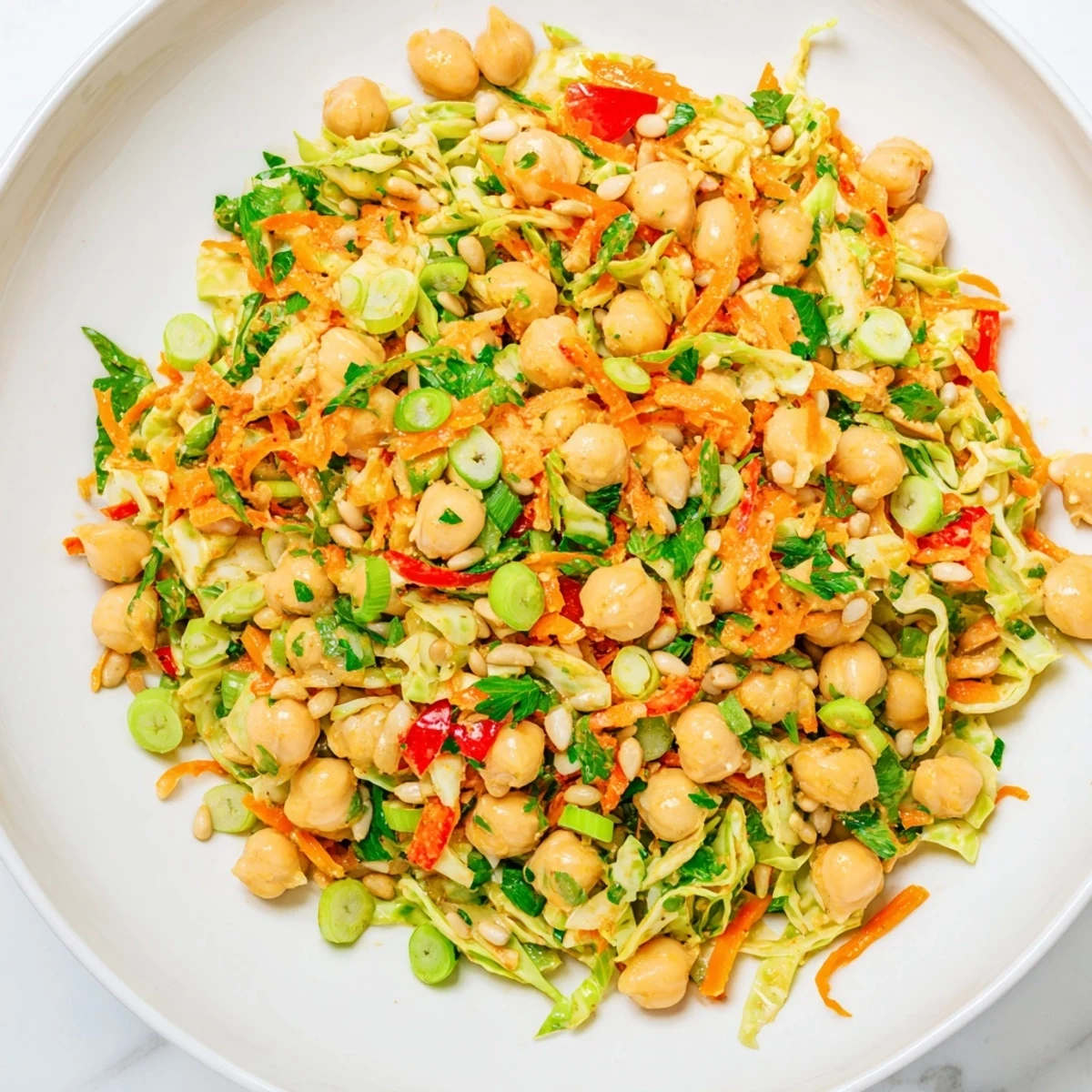 A bowl overflowing with a delicious fiber-forward chickpea salad, ready and waiting to be enjoyed.
