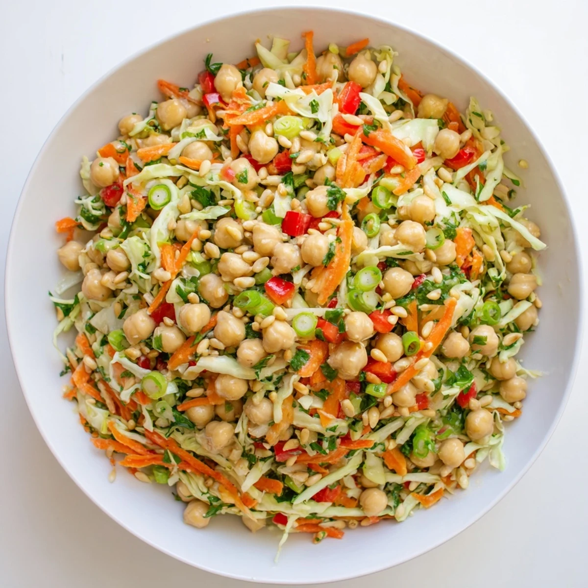 This colorful fiber-forward chickpea salad is mixed and ready, featuring crisp vegetables and bright flavors.