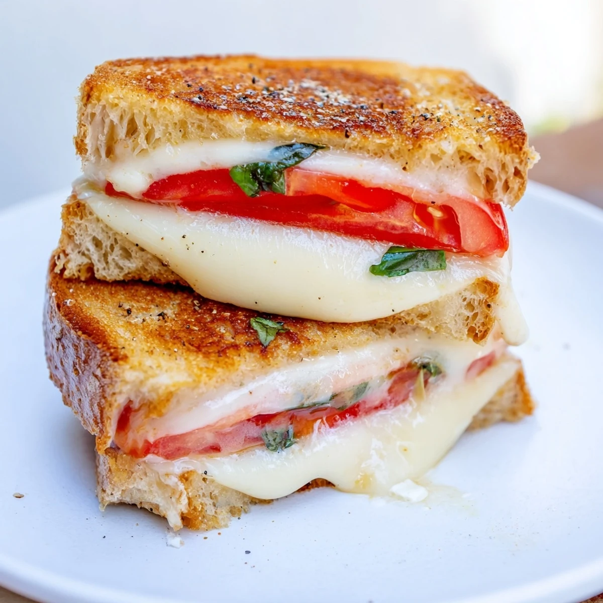 Golden-brown Tomato Basil Grilled Cheese, filled with melted cheese and fresh tomato, ready to serve.