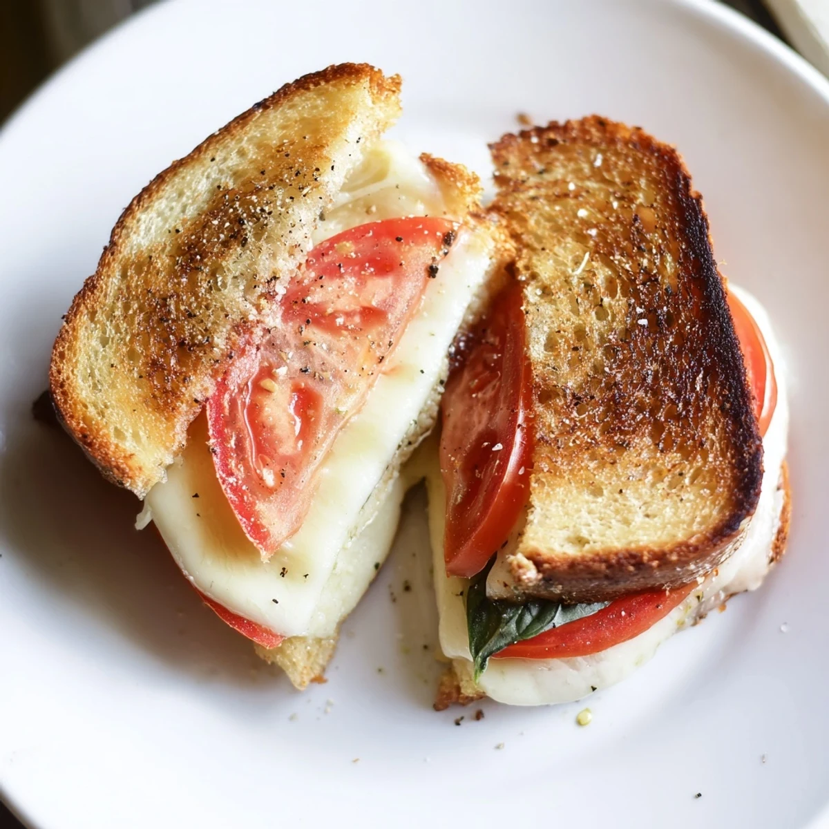 A close-up of a perfectly constructed Tomato Basil Grilled Cheese, savory, melty, and delicious.