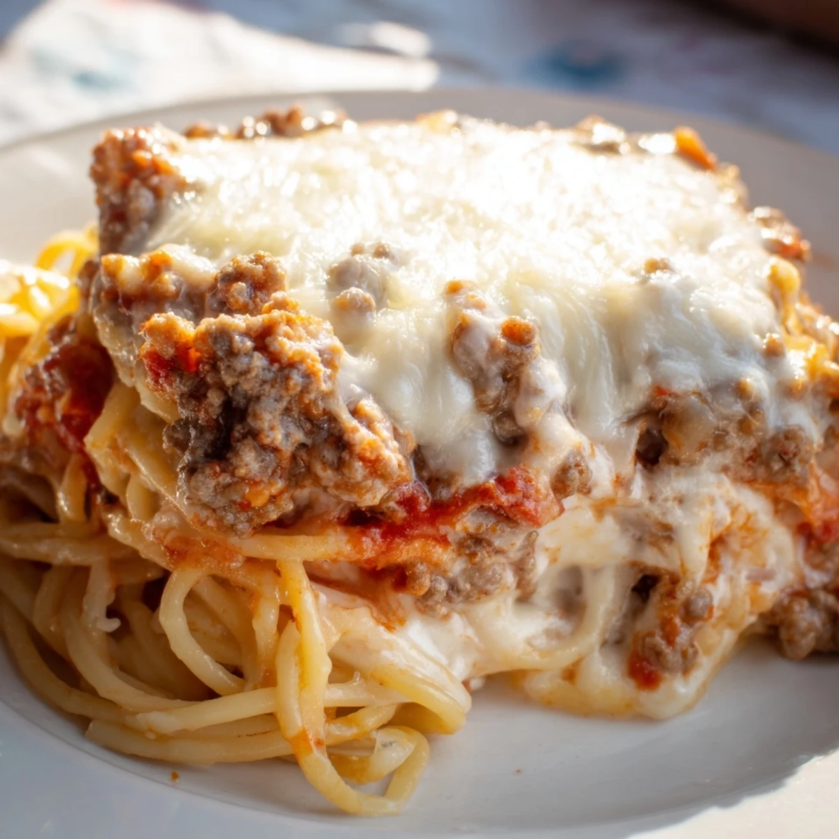 A close-up of a bubbling, cheesy Million Dollar Spaghetti casserole, ready to serve with a perfect golden crust.