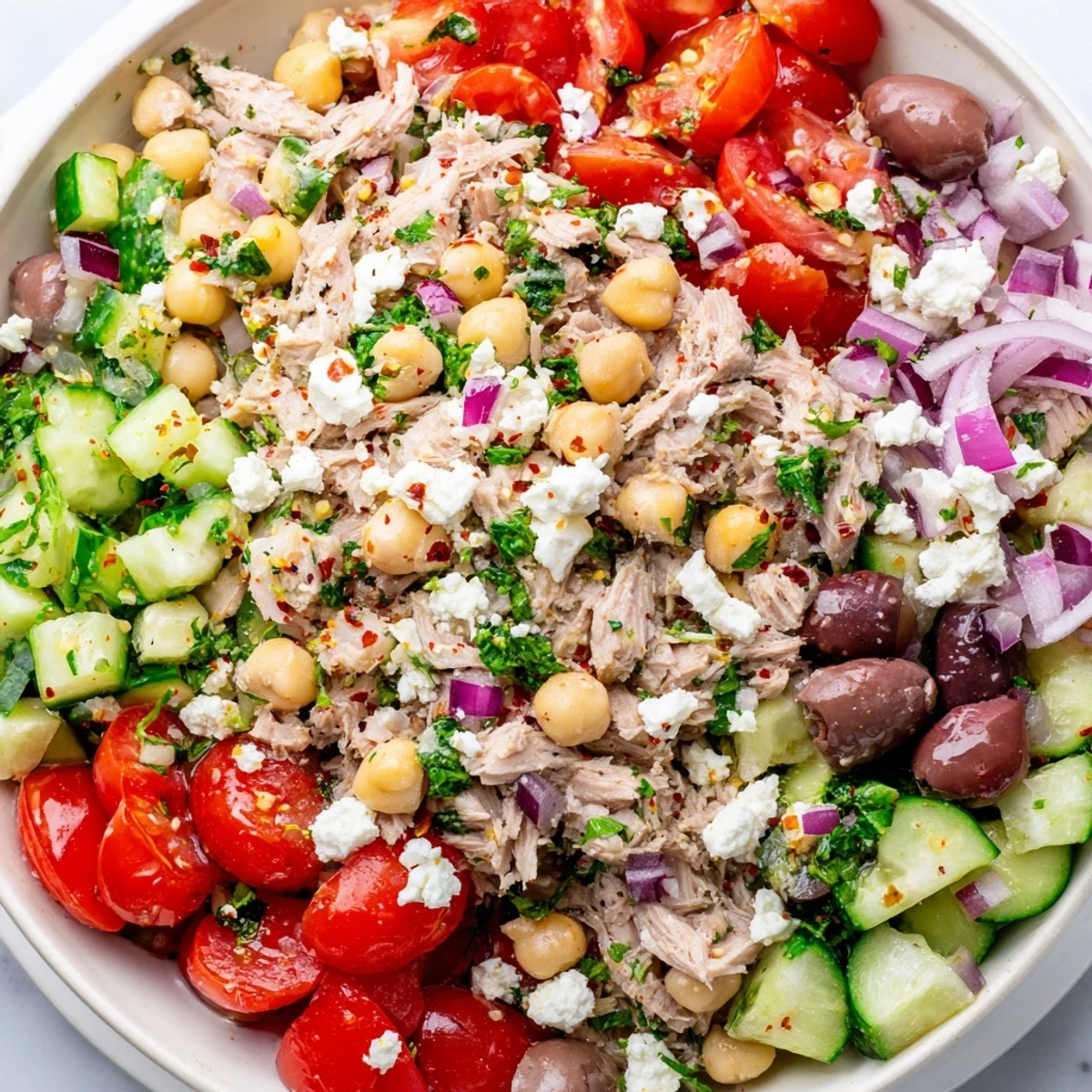 Vibrant Tuna Chickpea Salad, bursting with fresh tomatoes and lemon dressing, ready to enjoy.