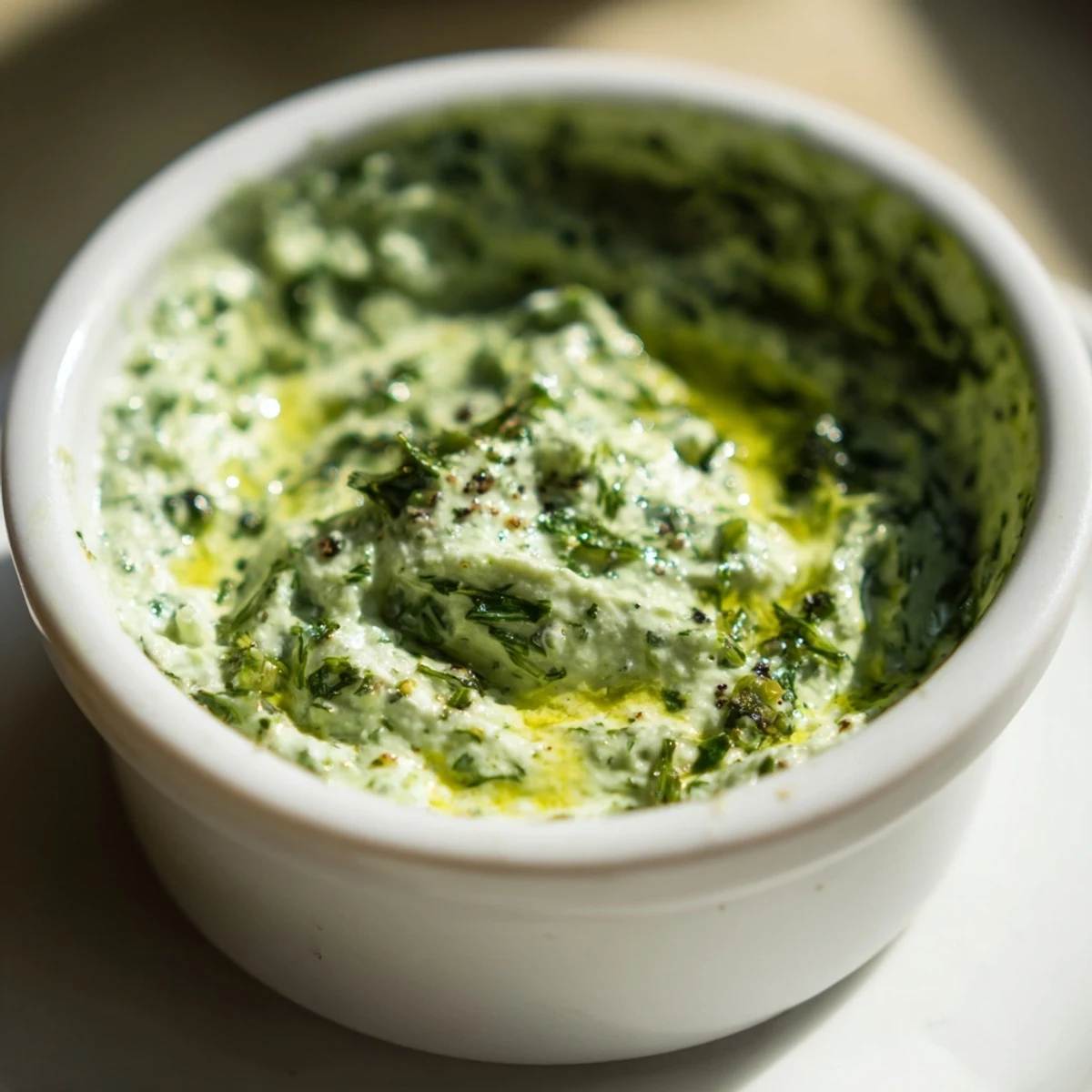 A close-up of fresh herbs blended into bright Green Goddess Dip, perfect for any occasion.