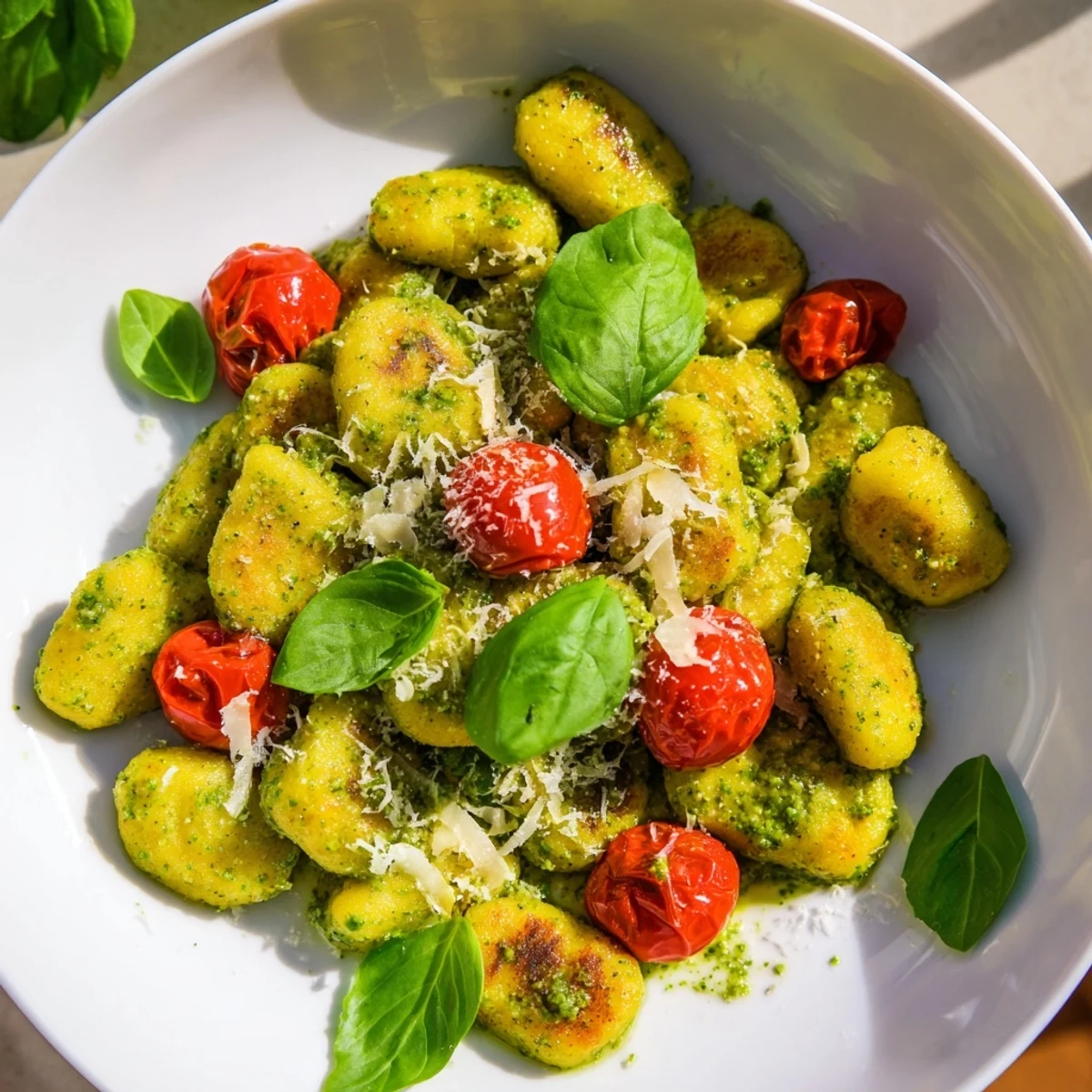 Golden-brown Crispy Gnocchi with Pesto, a flavorful vegetarian main dish, ready to eat with tomatoes.