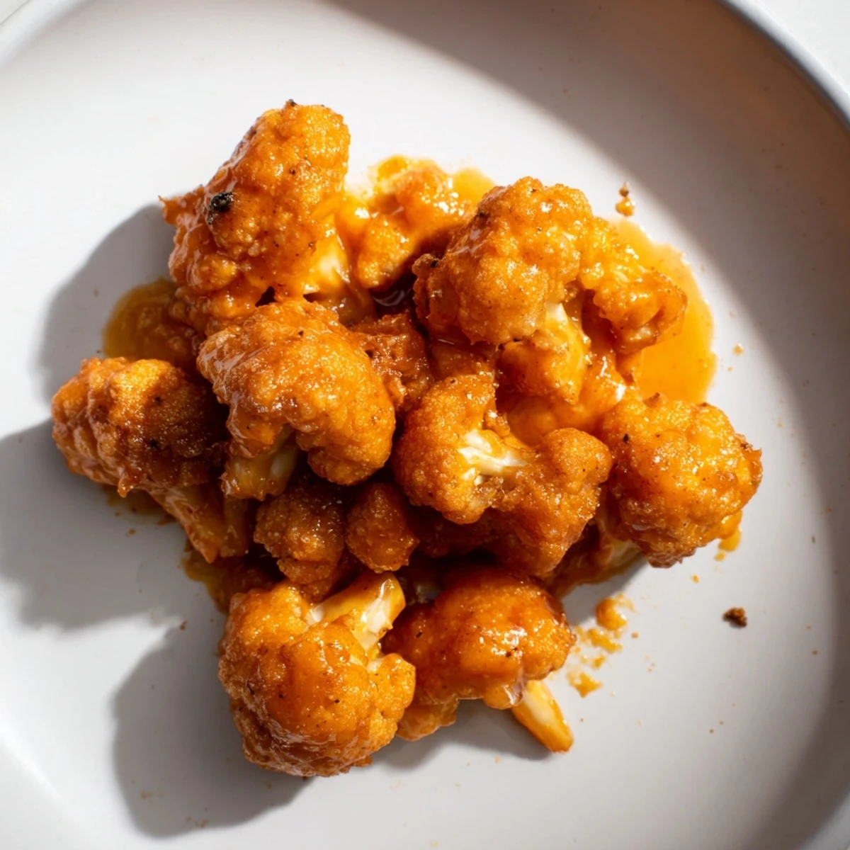 Golden-brown Buffalo Cauliflower Bites, crispy and tossed in a tangy buffalo sauce, ready to serve.