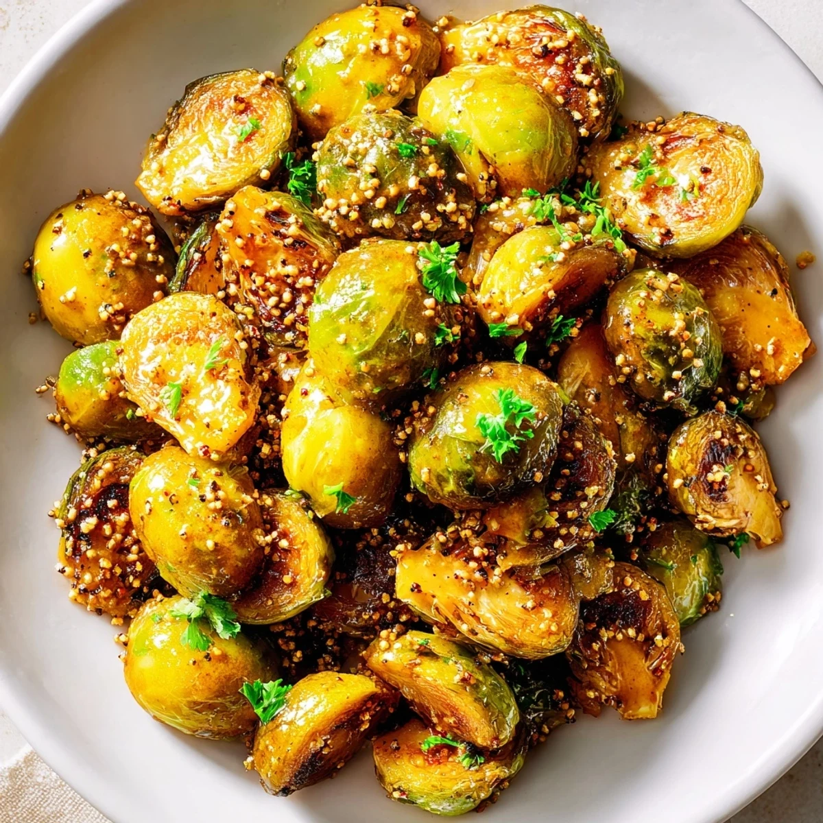 Golden and tender Honey Mustard Glazed Brussels Sprouts, showcasing the crispy edges and inviting aroma.