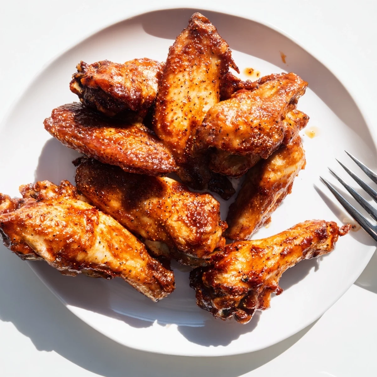 Close-up of crispy Baked Sticky Honey BBQ Wings, coated in a rich, caramelized honey BBQ sauce.