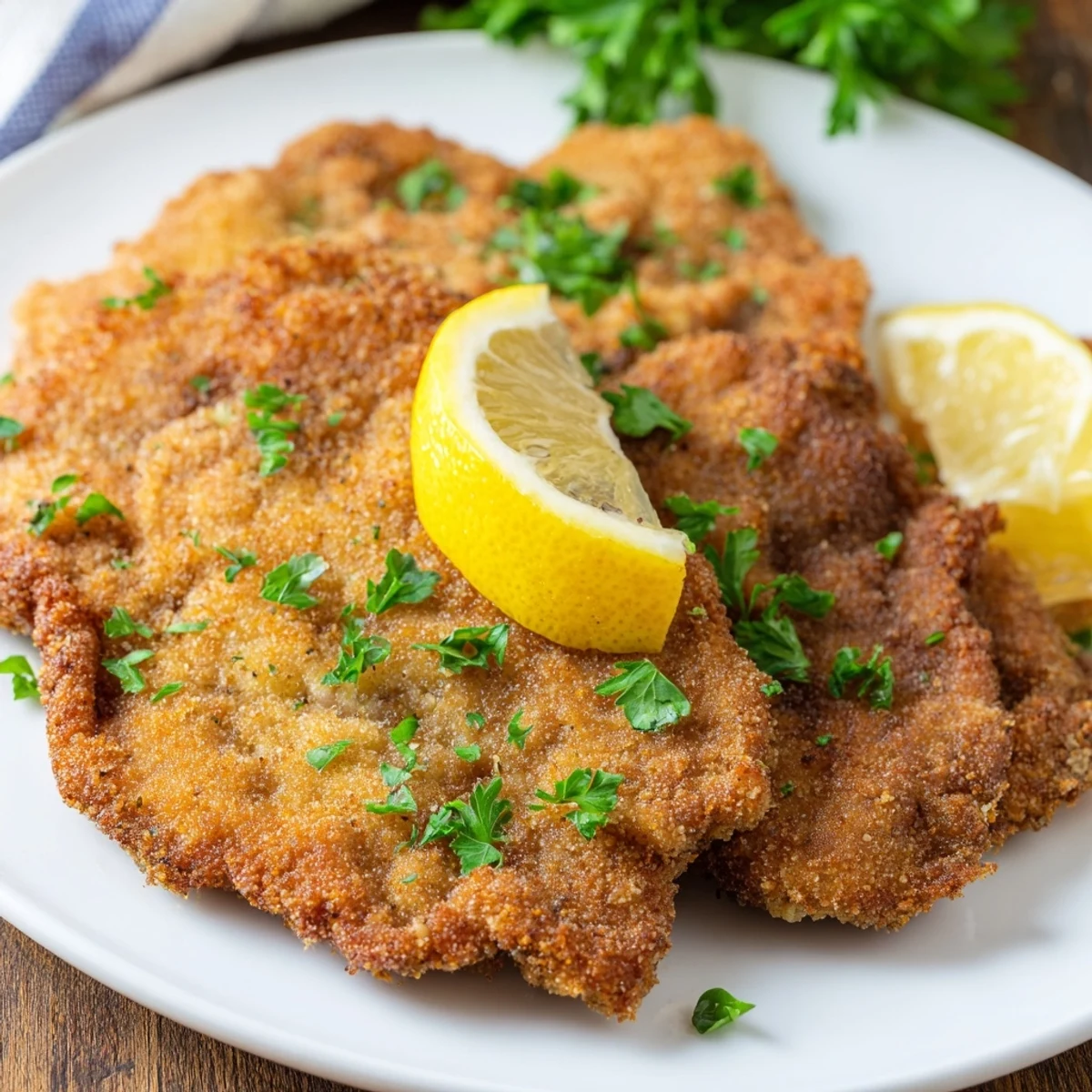Golden-brown Austrian Wiener Schnitzel, perfectly fried, ready to be served with lemon wedges and parsley.