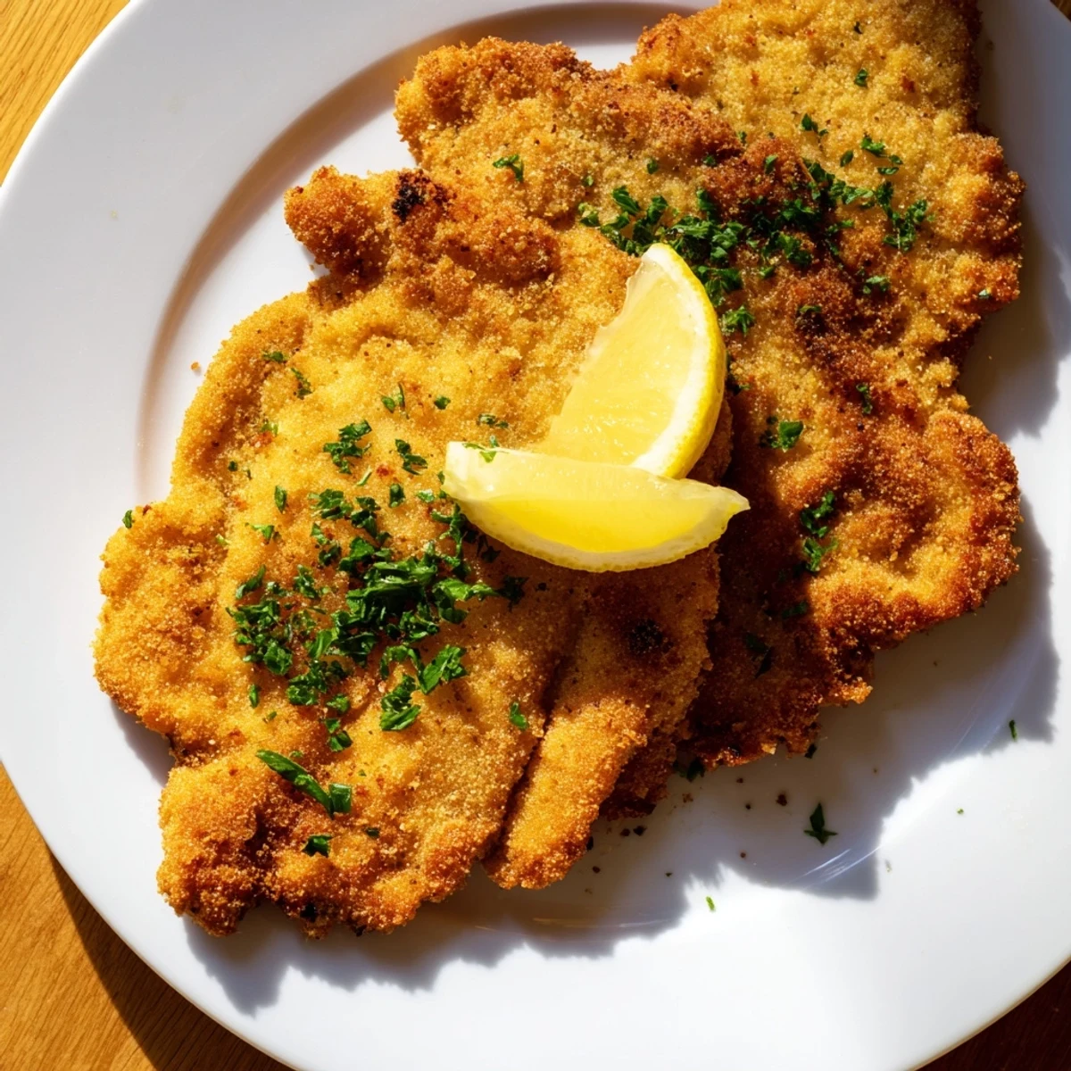 Crispy breading surrounds tender veal in this delicious Austrian Wiener Schnitzel recipe, ready for a bite.