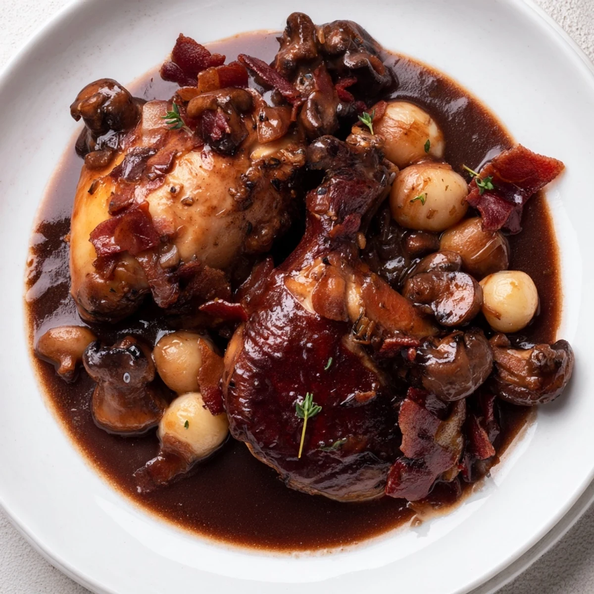 Tender Coq au Vin, a rich French stew, featuring chicken and vegetables simmered slowly.