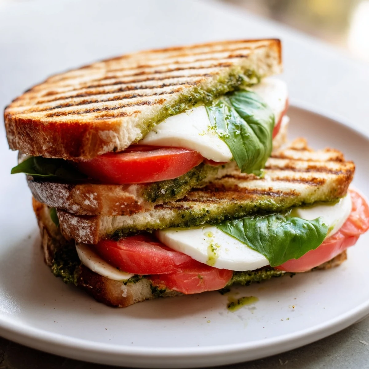 Golden, crispy panini press creations like the Caprese, oozing with melted mozzarella on sourdough bread.