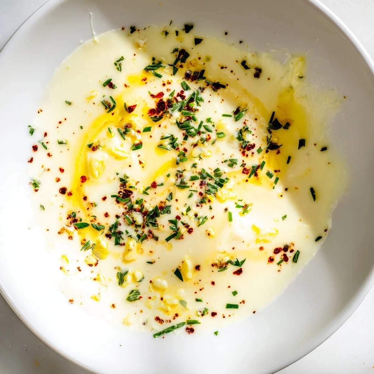 Garlicky Cowboy Butter Sauce, with flecks of fresh herbs, offering a tantalizing aroma and vibrant color.