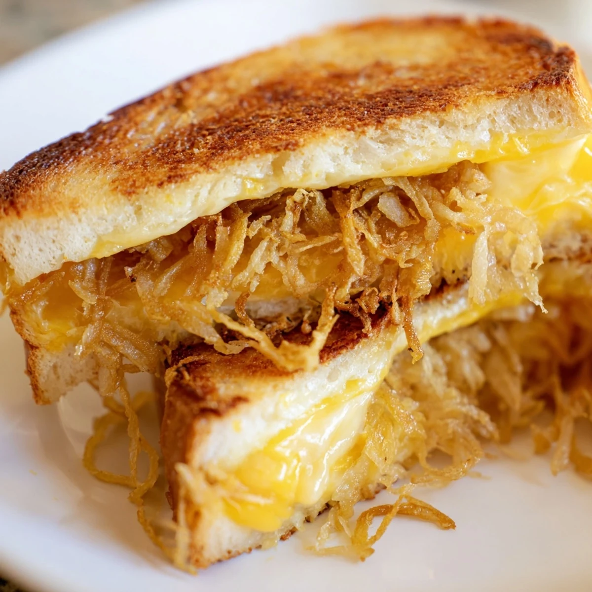 Golden, crispy onion grilled cheese overflowing with melted cheddar and mozzarella, a comforting classic.