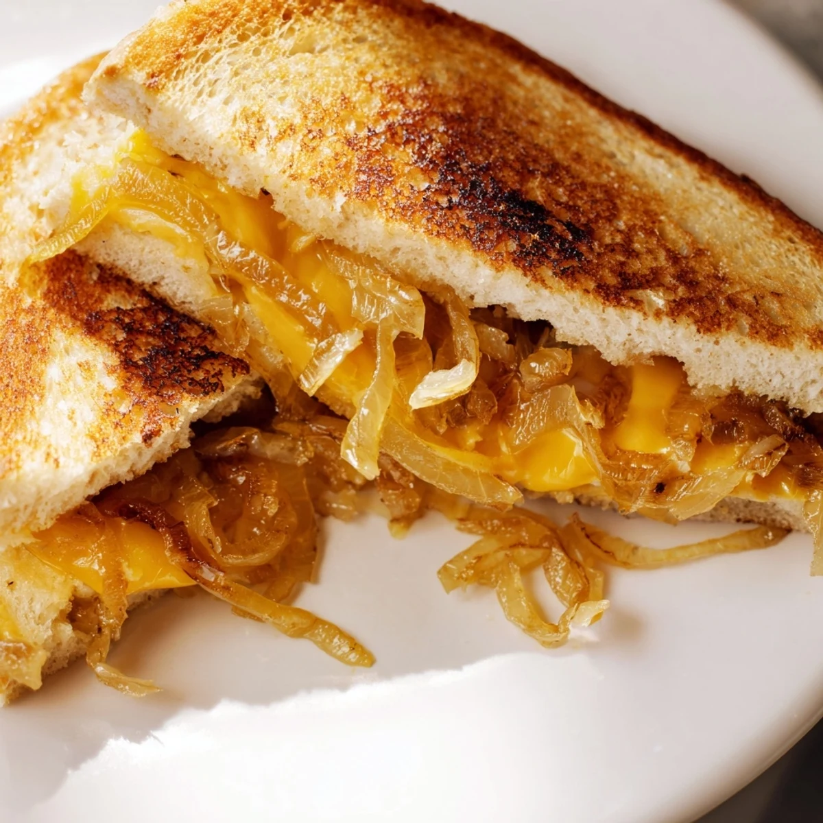 Perfectly toasted crispy onion grilled cheese, showcasing a gooey cheese pull with golden fried onions.