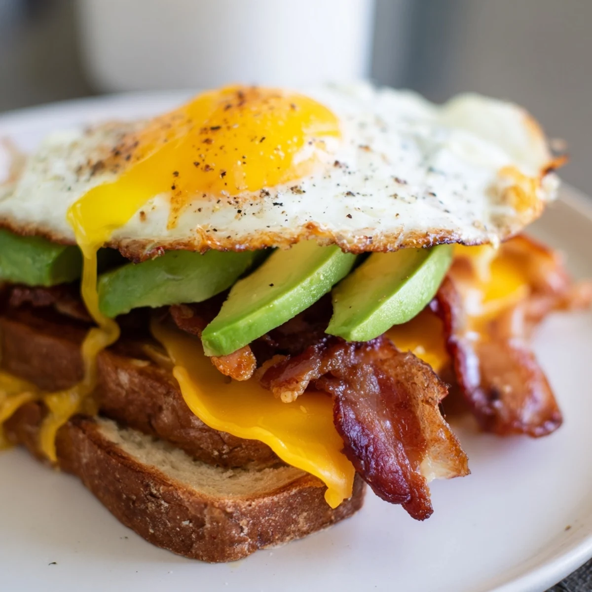 Loaded breakfast sandwich bursting with melted cheddar, crispy bacon, and creamy avocado, ready to enjoy.