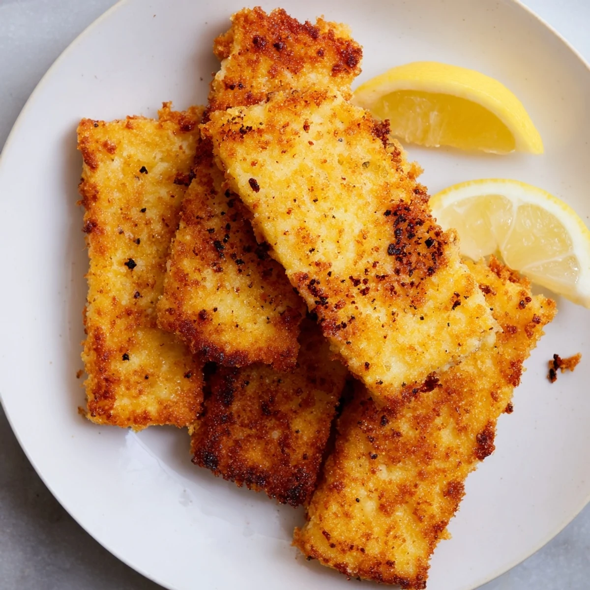 Golden, crispy panko halloumi slices served with bright lemon wedges and spicy hot sauce.