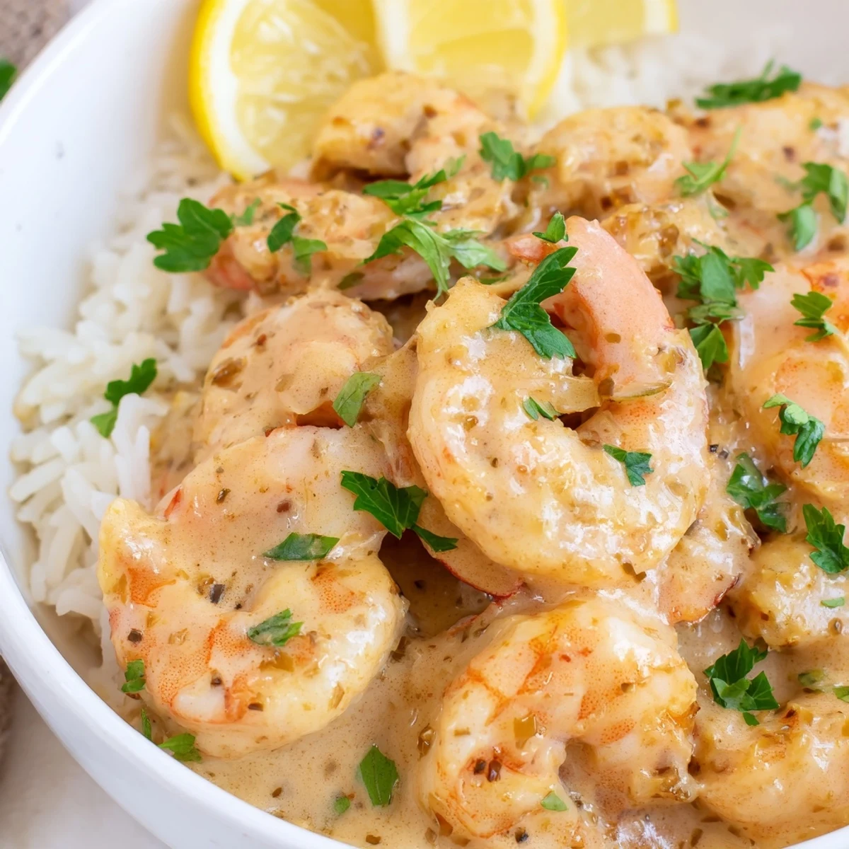 Succulent shrimp in a creamy Cajun sauce, served over fluffy jasmine rice with fresh parsley garnish.  