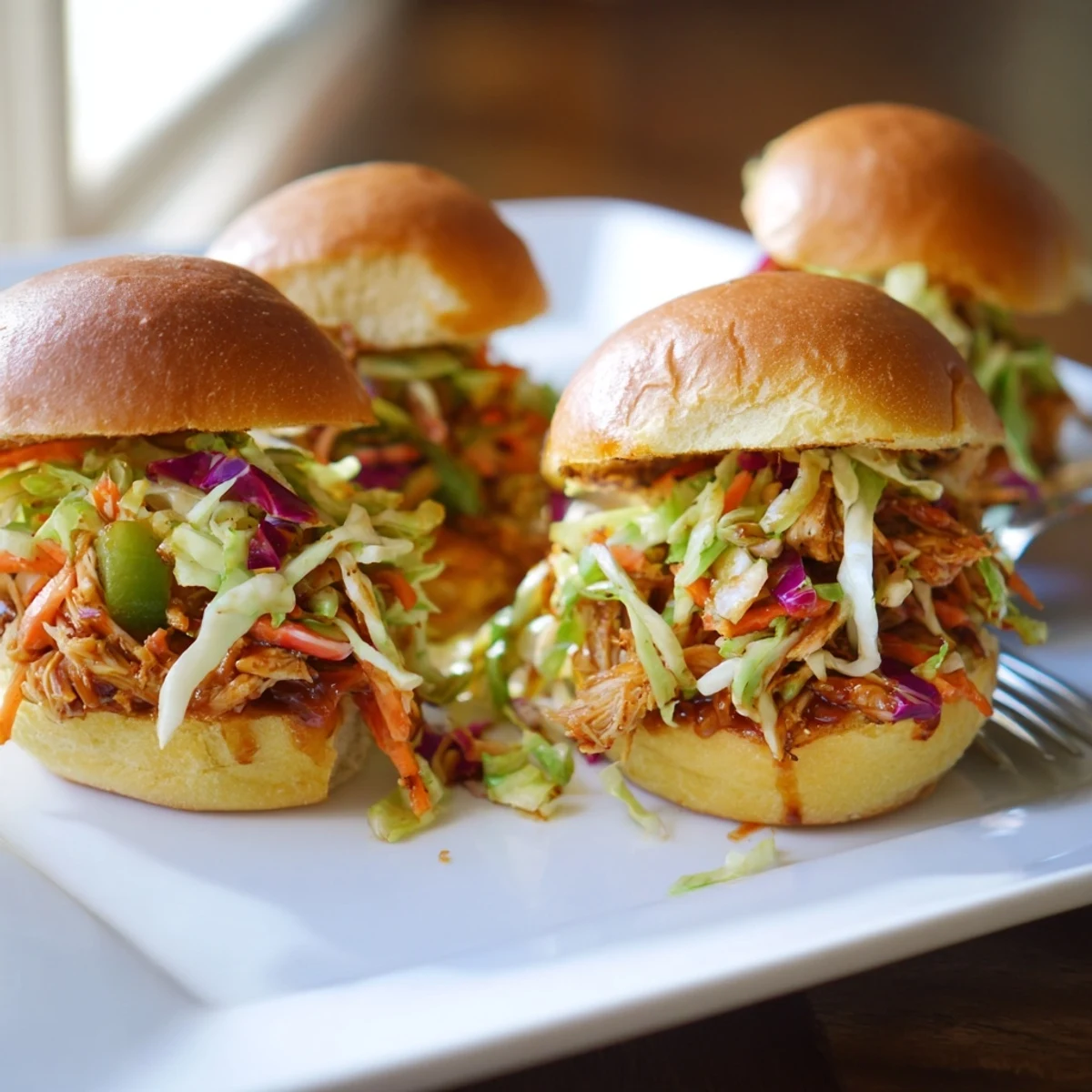 Golden BBQ chicken sliders on toasted buns topped with vibrant crunchy slaw, served on a wooden platter for game day.
