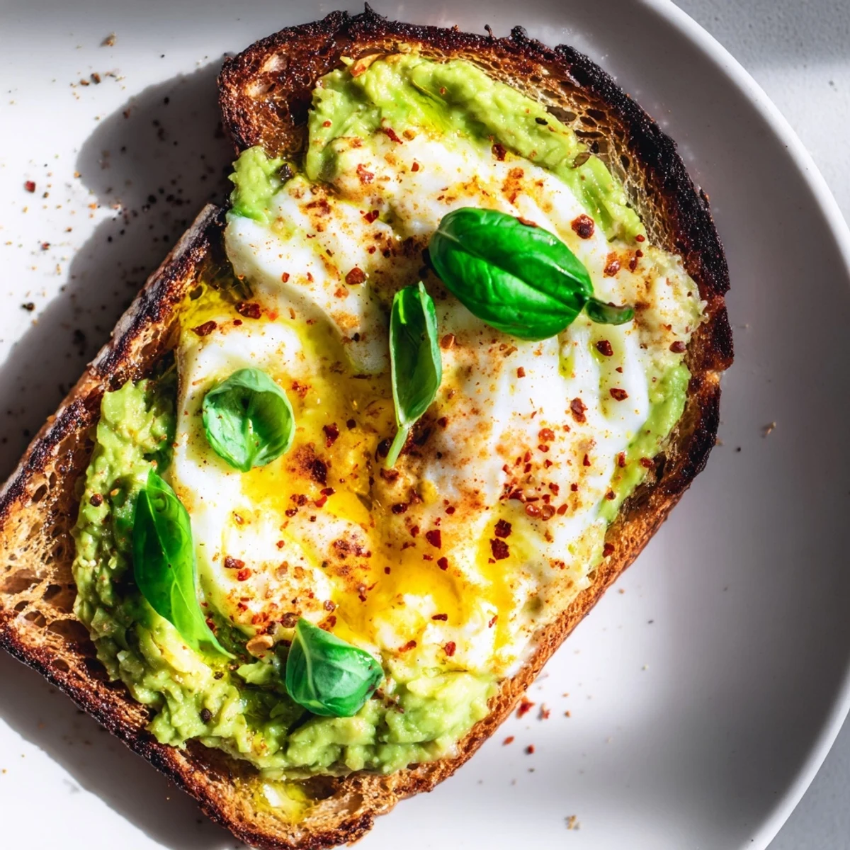 Two warm avocado mozzarella tartines with crispy toasted bread sit beside fresh basil and lemon for a bright garnish.