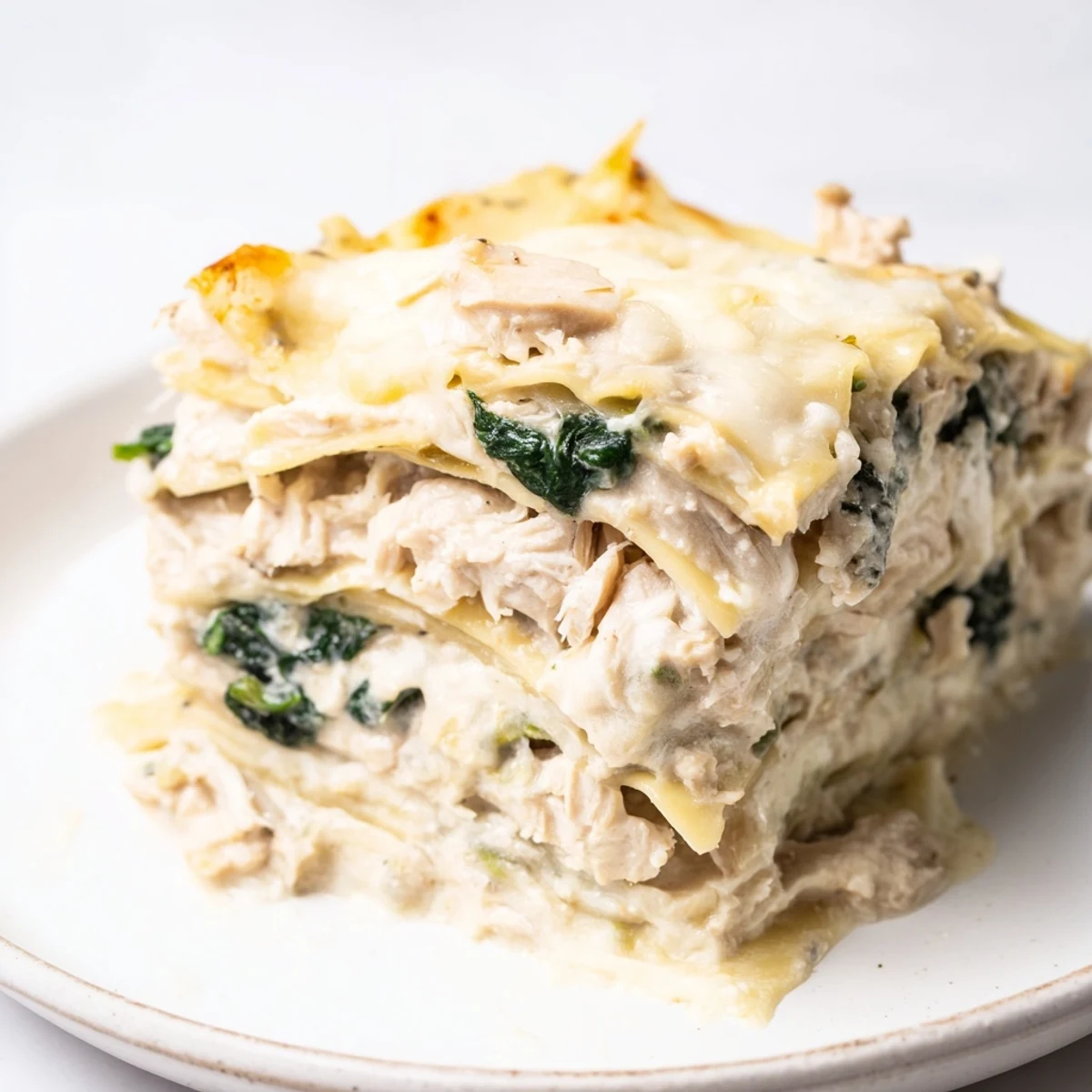 A slice of creamy Chicken Alfredo Lasagna, layered with tender shredded chicken, ricotta, and melted mozzarella on a rustic plate.