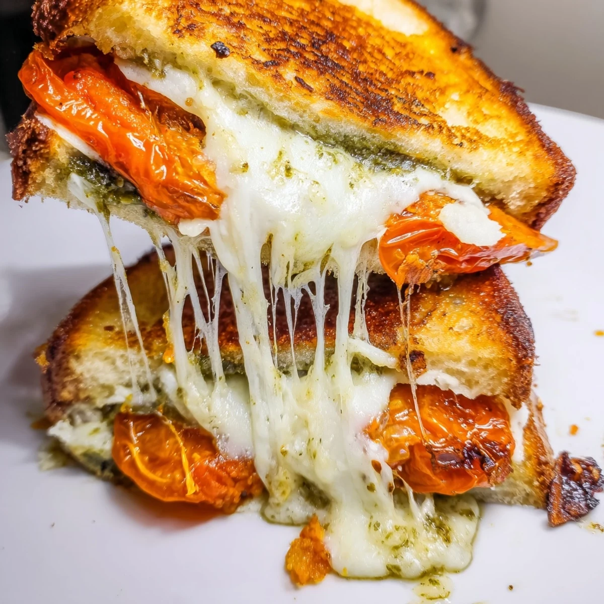 Golden roasted tomatoes and melted mozzarella peek from between crispy sourdough slices of the Roasted Tomato Pesto Grilled Cheese.