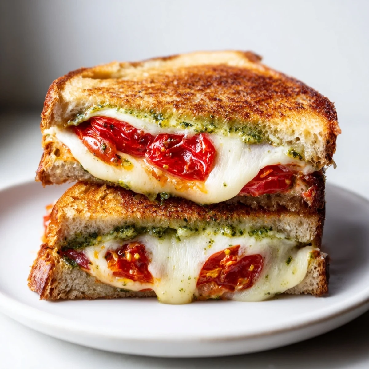 A close-up of the gooey, golden Roasted Tomato Pesto Grilled Cheese served on a rustic wooden cutting board.