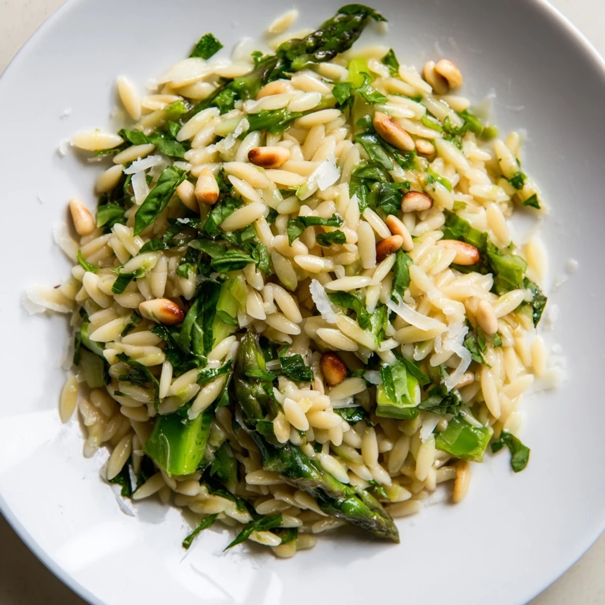 Bright green shaved asparagus ribbons, tender orzo pasta, and shaved Parmesan cheese tossed in a zesty lemon-olive oil dressing in a white bowl.