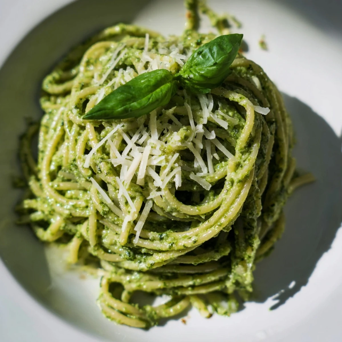 Tossed with warm pasta, this creamy sunflower seed pesto pasta is garnished with fresh basil and a sprinkle of Parmesan for a comforting vegetarian meal.  