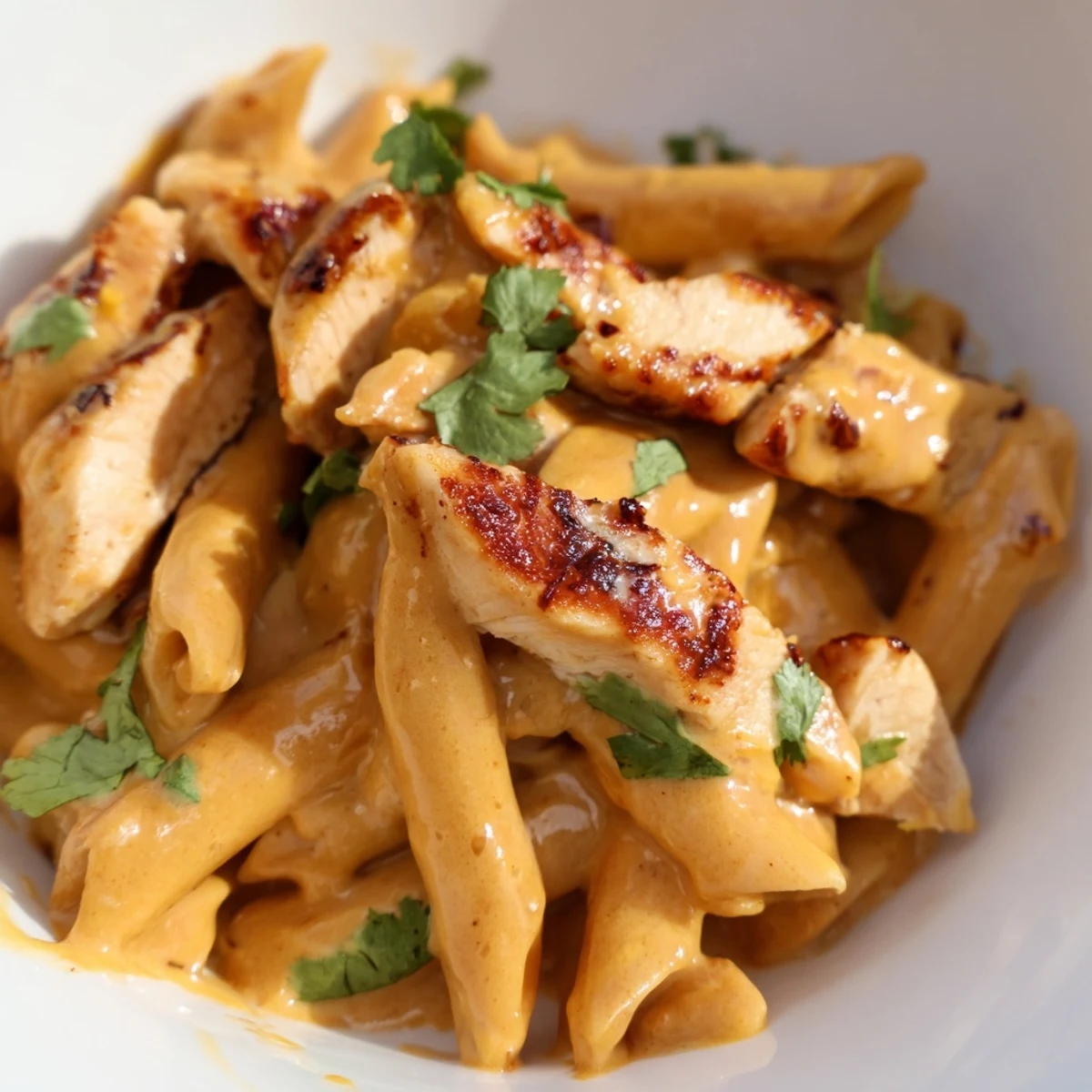 A rustic skillet serving of Honey Chipotle Chicken Pasta, its vibrant red-orange sauce clinging to each noodle and piece of chicken, finished with chopped cilantro.