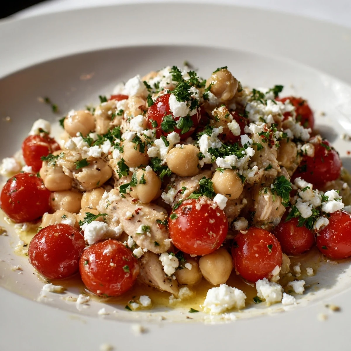 A vibrant Mediterranean Chickpea Chicken Salad with feta, olives, and fresh veggies on a rustic table.