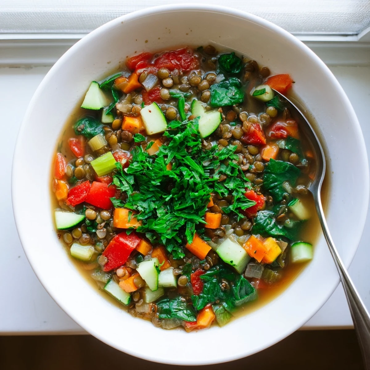 A close-up photo of a steaming bowl of Lentil and Vegetable Soup, featuring tender lentils, diced carrots, and wilted spinach in a rich broth, garnished with fresh parsley.