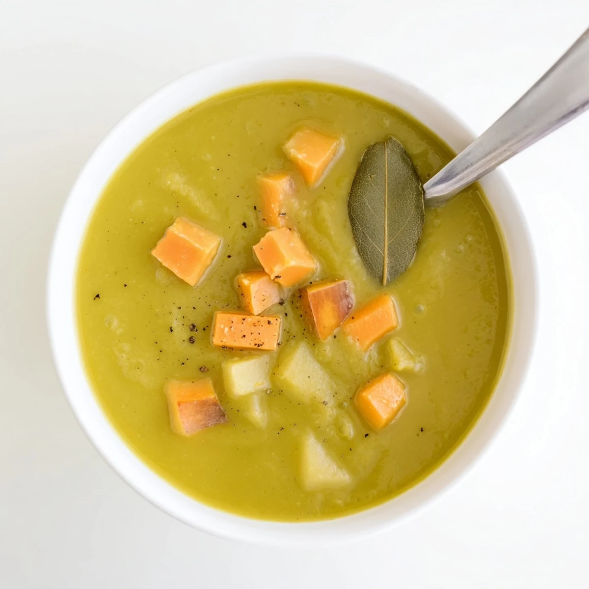 A comforting bowl of creamy split pea soup garnished with diced carrots and fresh thyme leaves.
