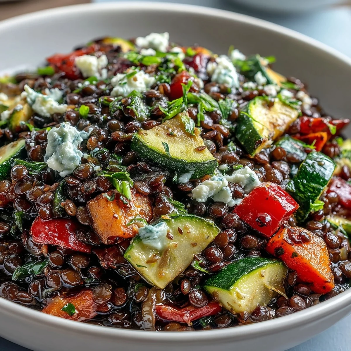 Close-up of Black Lentil Salad with roasted bell peppers and zucchini tossed in a zesty lemon dressing.