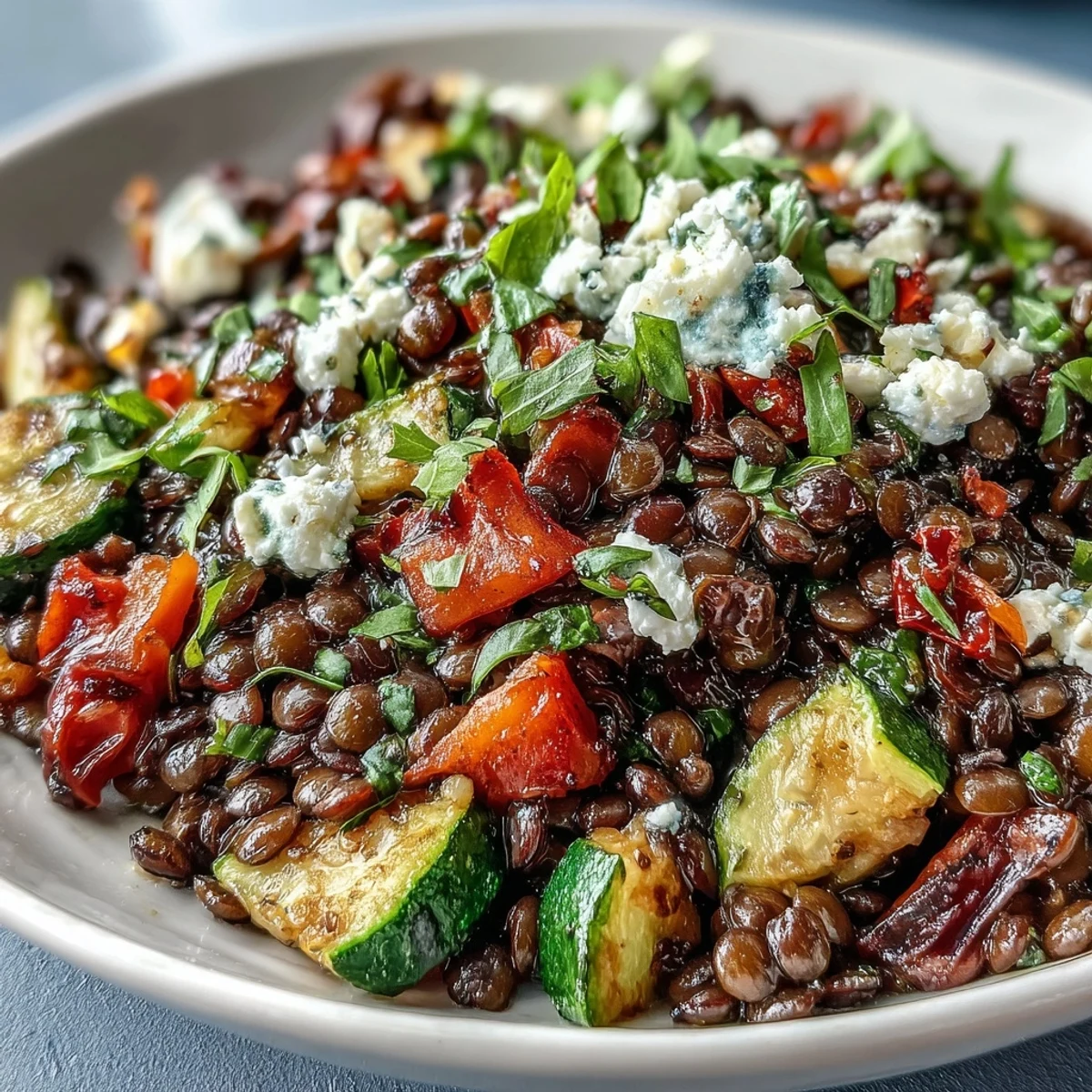 Black Lentil Salad in a white bowl with roasted carrots and cherry tomatoes, perfect for a vegetarian main.