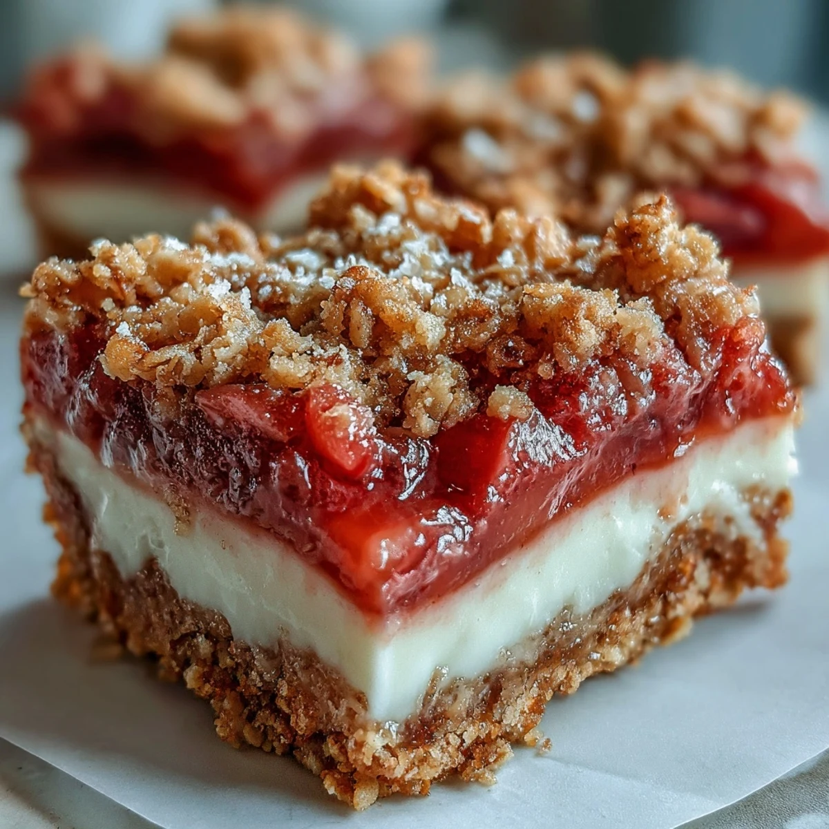 Homemade Rhubarb and Custard Crumble Bars showing a golden crumble topping over a vibrant pink rhubarb and custard filling.