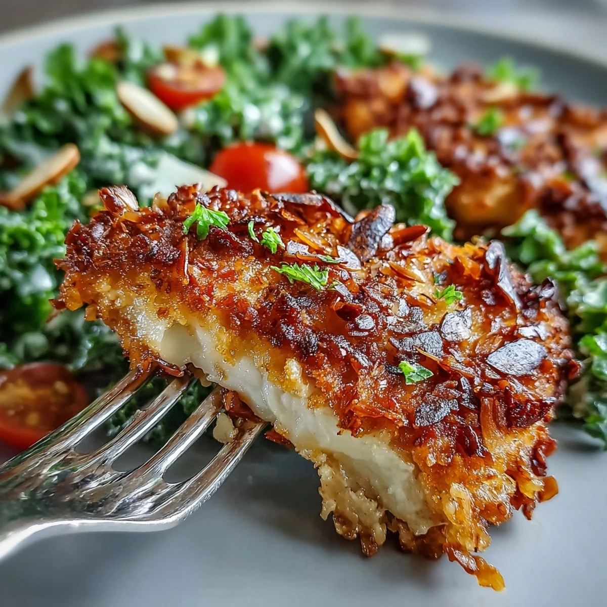 Sliced Almond-Crusted Chicken reveals a tender interior, paired with a fresh kale and sumac salad garnished with red onion.
