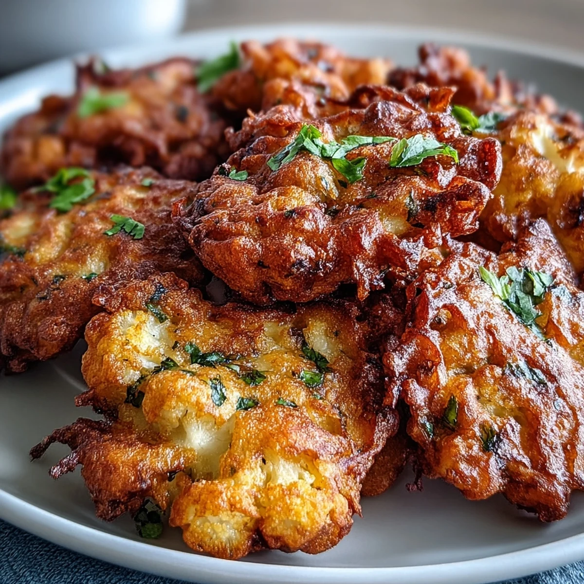 Freshly fried Cauliflower Bhajis with a golden, crunchy coating, ready to be dipped in cool mint yogurt sauce.