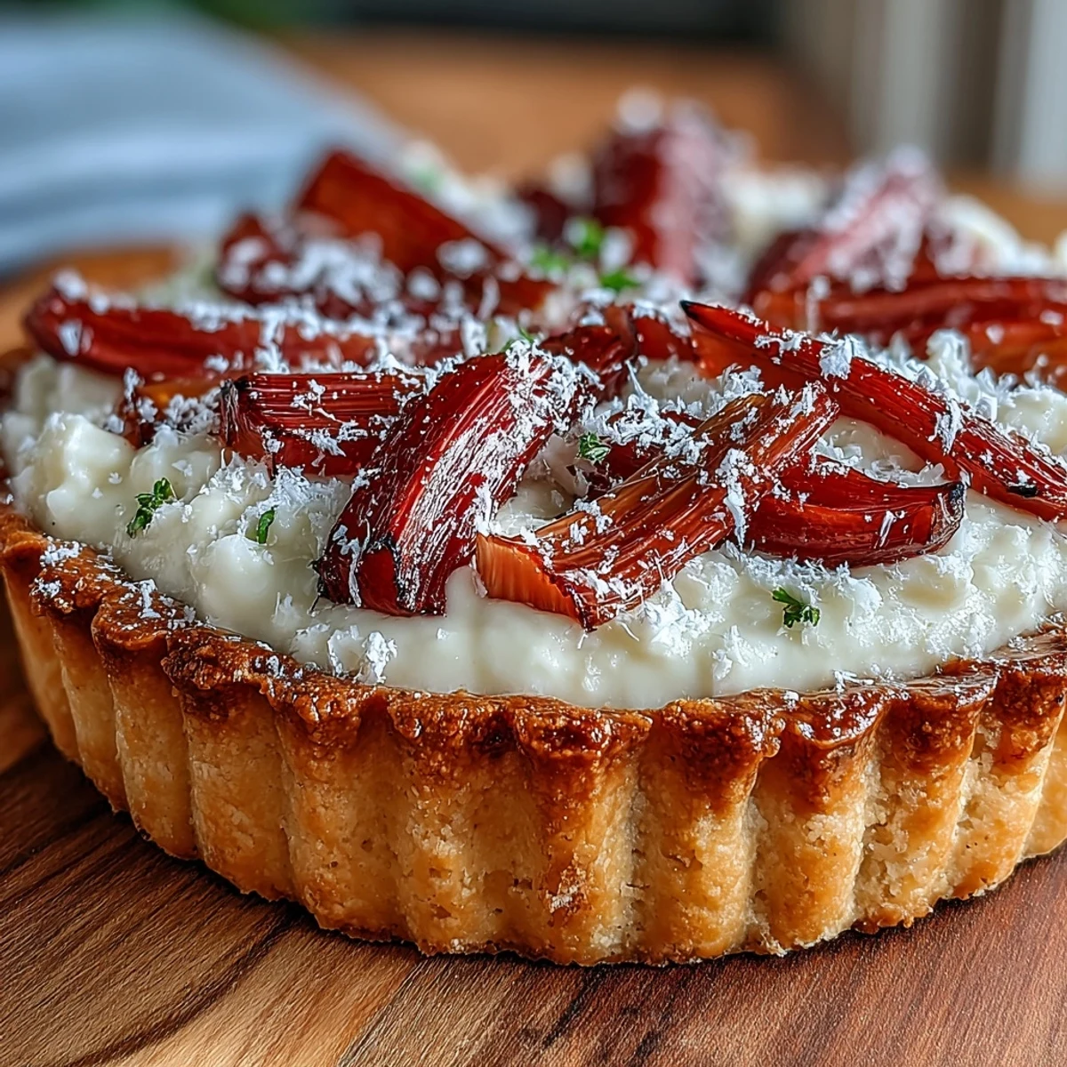 Golden roasted rhubarb batons glisten atop creamy white chocolate elderflower tart.  