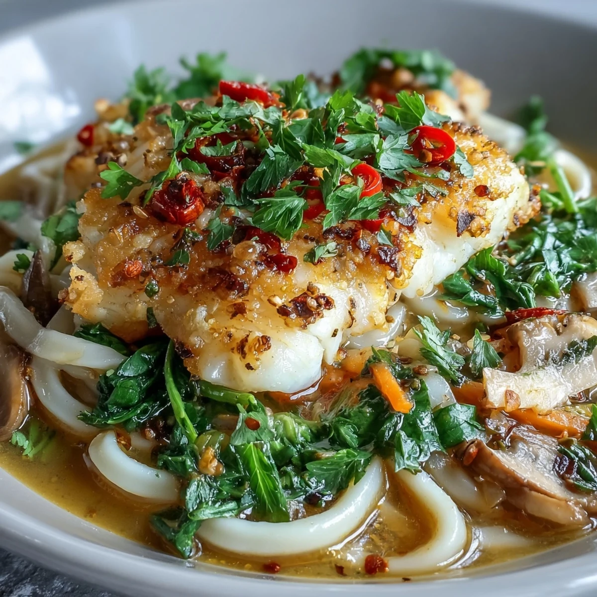 A steaming bowl of Poached Cod With Spiced Coconut Broth and Udon Noodles, featuring tender fish and julienned carrots.