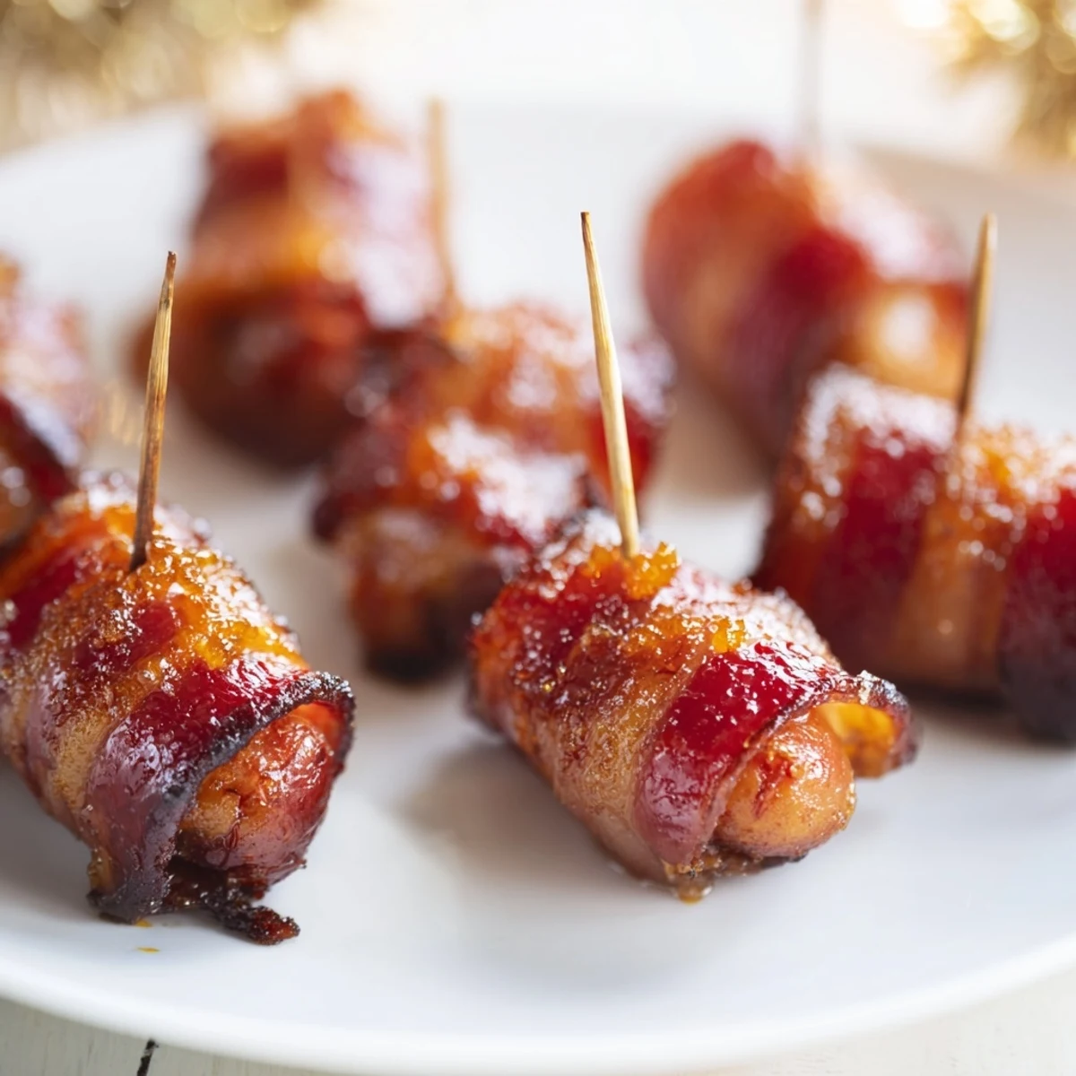 Golden-brown 3-Ingredient Bacon-Wrapped Smokies, sweet and savory, ready to serve with your favorite dipping sauce.
