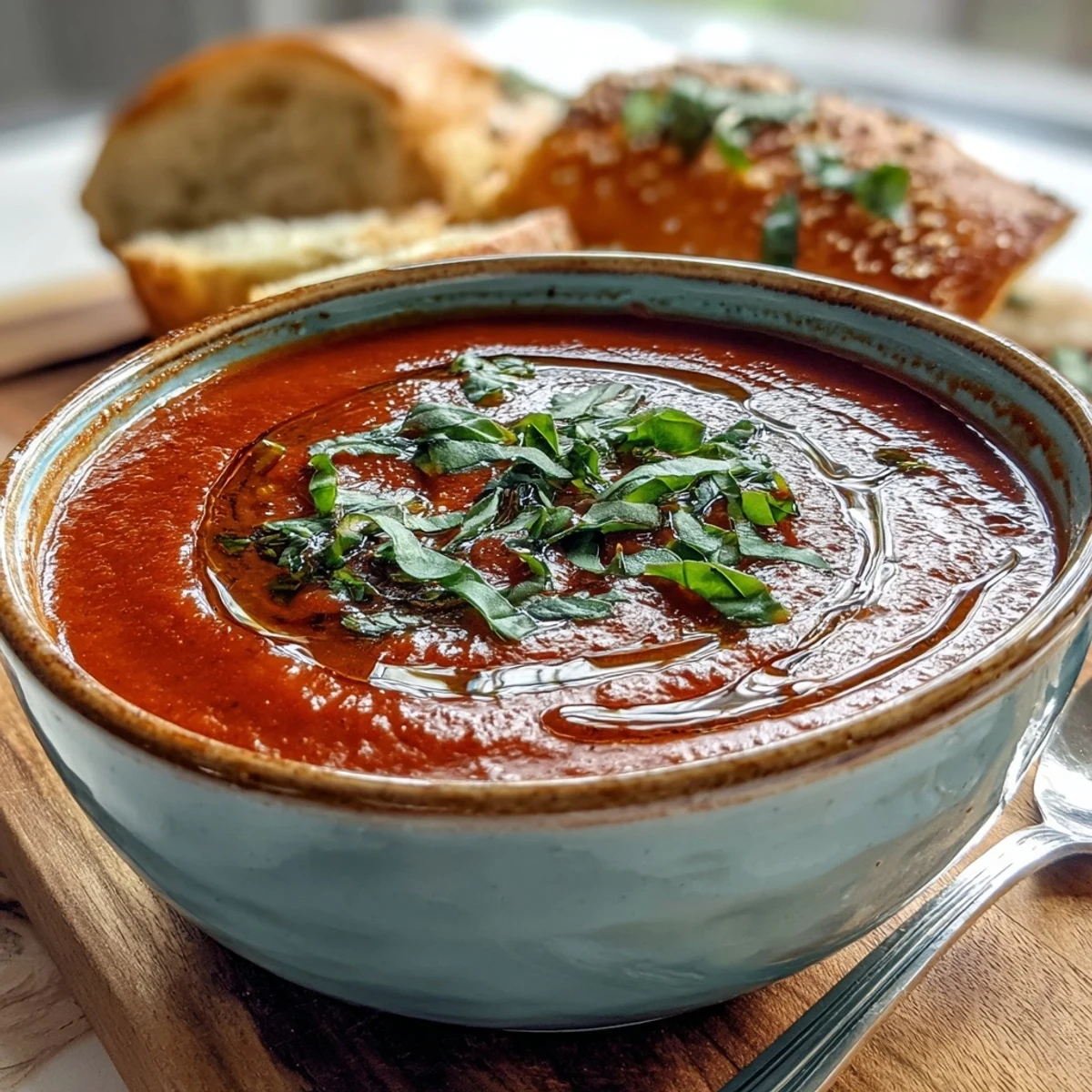 Silky Tomato and Basil Soup simmering in a pot, steam rising from vibrant red tomatoes and fresh green basil leaves.